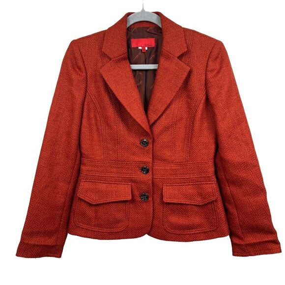 Les Copains Blazer Jacket Wool Blend 3 Button Flap Pockets Orange Women Sz 42/11